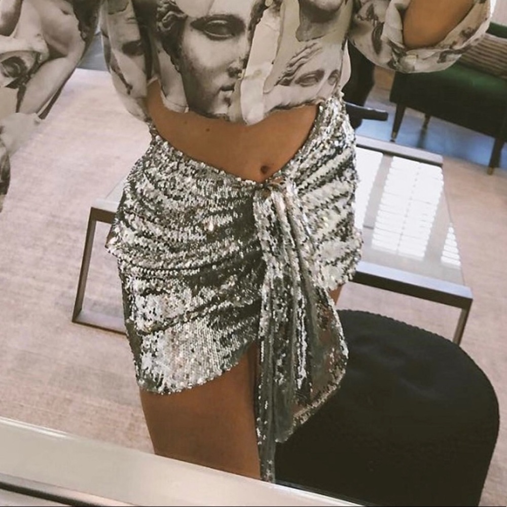 Silver Sequin Front Tie Skirt